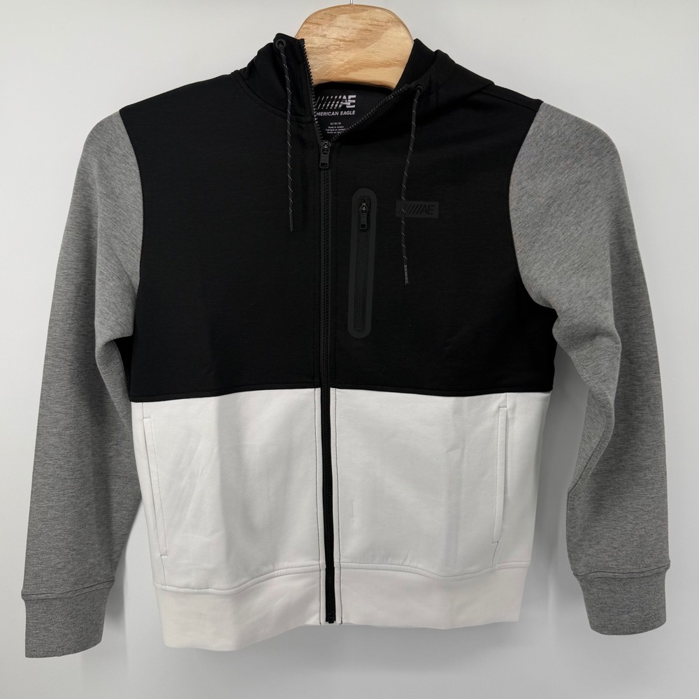American Eagle Men's Colorblock Zip Up Hoodie Jacket Black White Grey‎ Medium